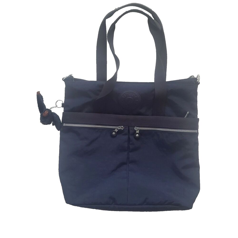 Kipling Shoulder Tote Bag Medium Nylon Blue Silver Pockets Carryall 15x15